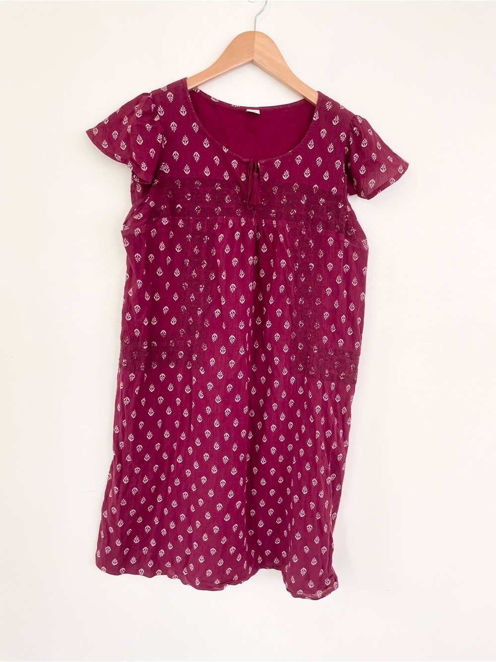 Old Navy Burgundy Block Print Cotton Shift Dress M Medium Embroidered Peasant
